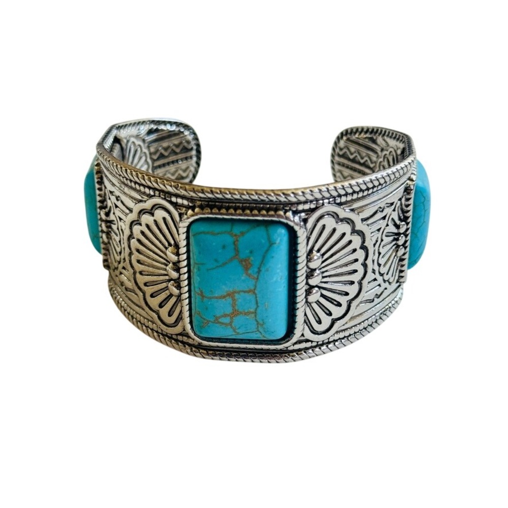 Cuff Bracelet silver western blue howlite stone chunky squash blossom Y2K detail